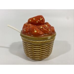 Vintage Ceramic Strawberry Sugar Bowl Jelly Jam Jar w/Lid & Spoon Japan 4.25”